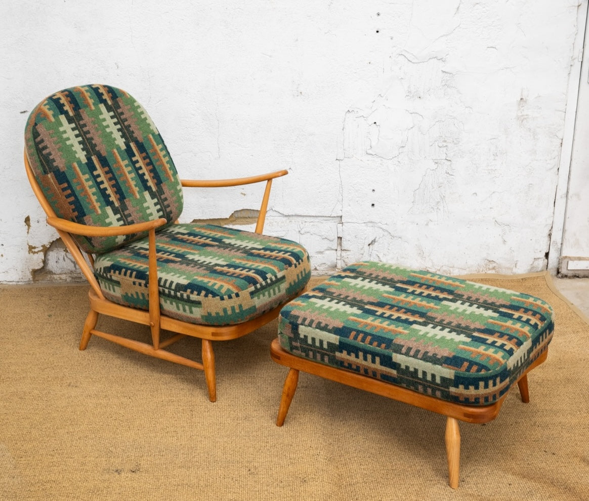 Melin Tregwynt 'Forest' Welsh Tapestry - Ercol 747 Blonde Lounge Chair