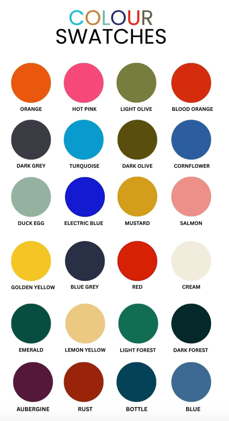 Colour swatches with labeled colors on a white background