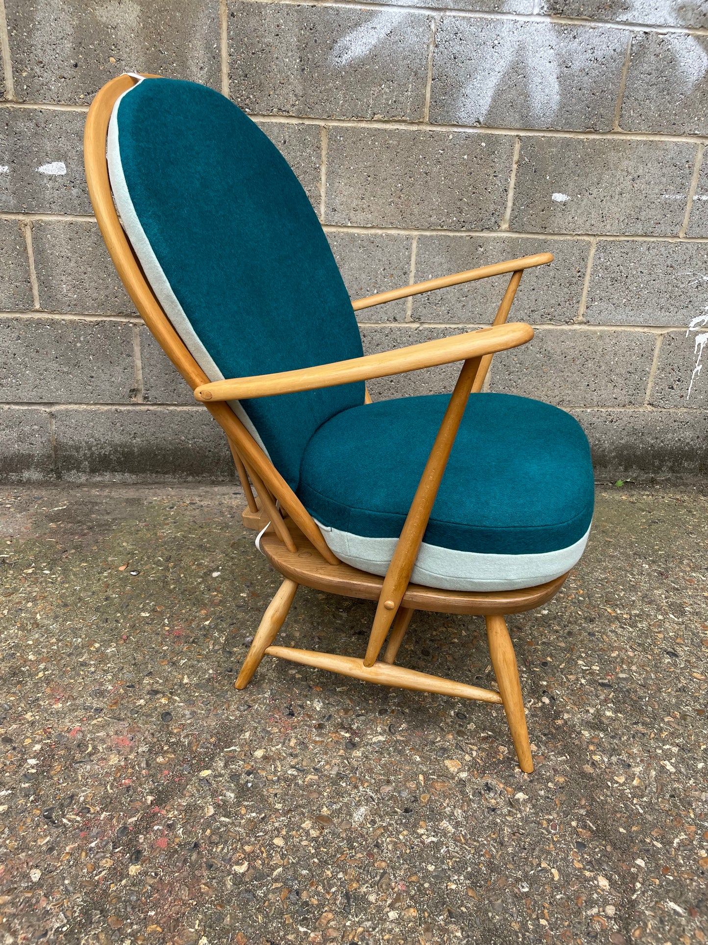 Ercol Windsor 317 Grandfather Tub Chair in bottle and duck egg cushion covers