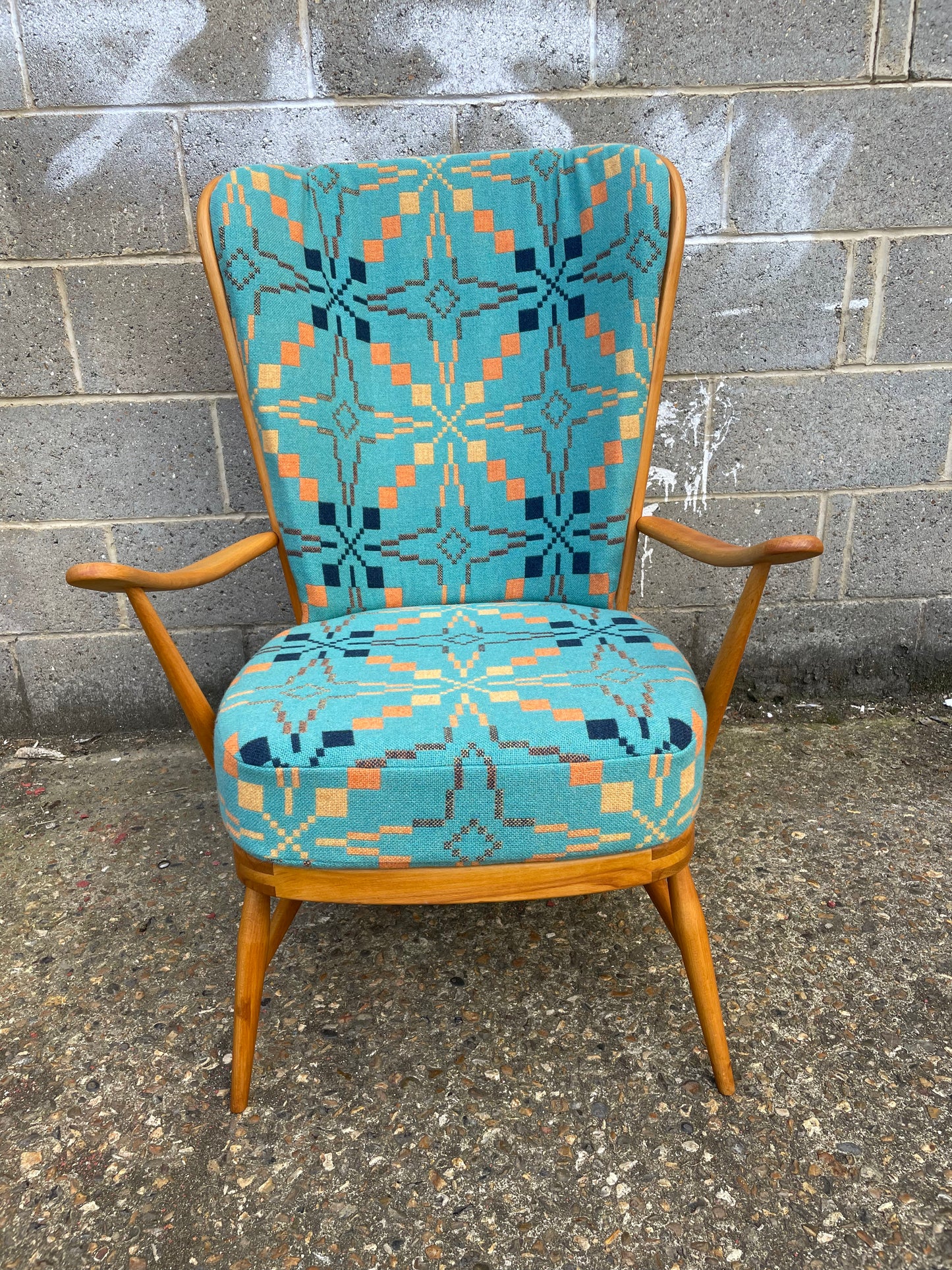 Melin Tregwynt - Vintage Star - Welsh Tapestry- Ercol 478 Evergreen Tall Back Chair.