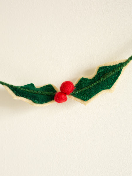 Woolly Holly String - Bunting - Handmade Decoration - Green/Red/Cream