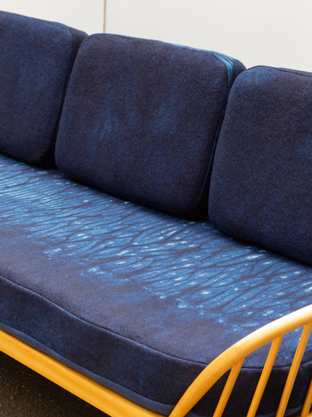 Ercol 355 Studio Couch Daybed - Fully Restored - Indigo Shibori Hand-dyed Wool Covers