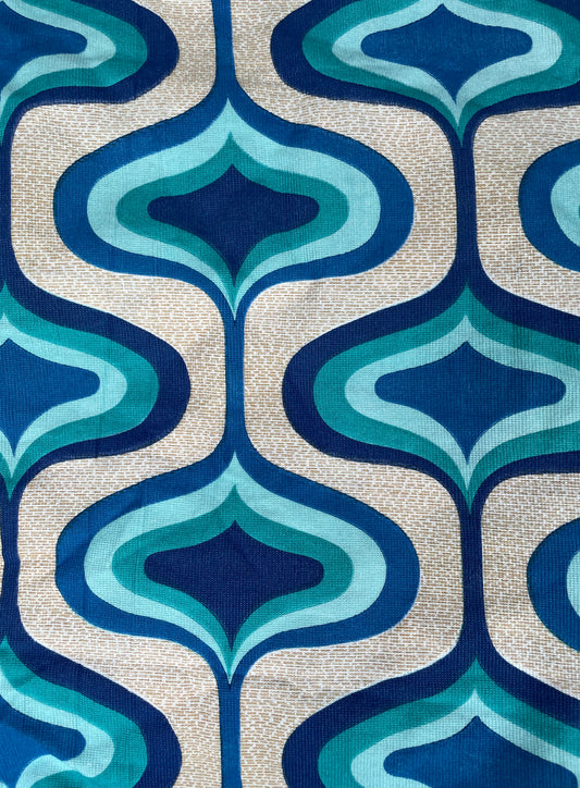Wooden Deckchair - 1970's Geometric vintage pattern sling - Blue/Turquoise