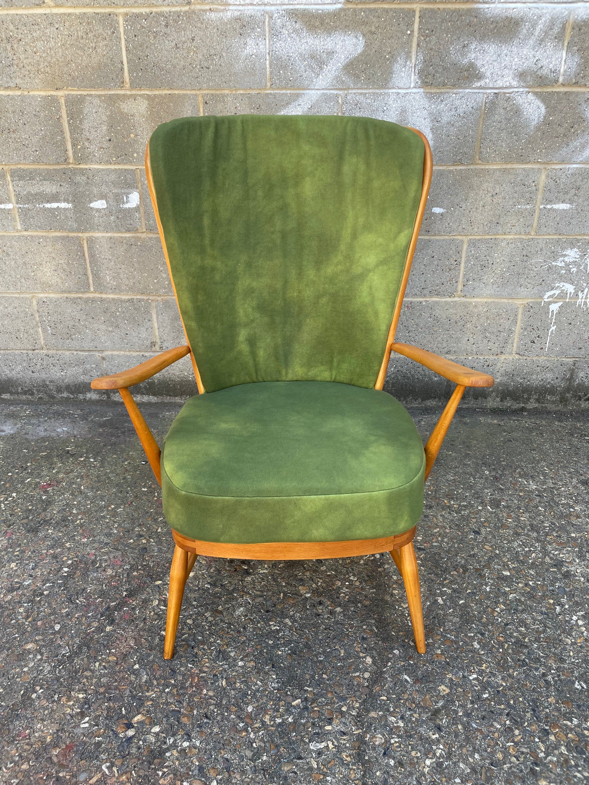 Ercol Armchair fully restored with hand dyed green woollen covers 