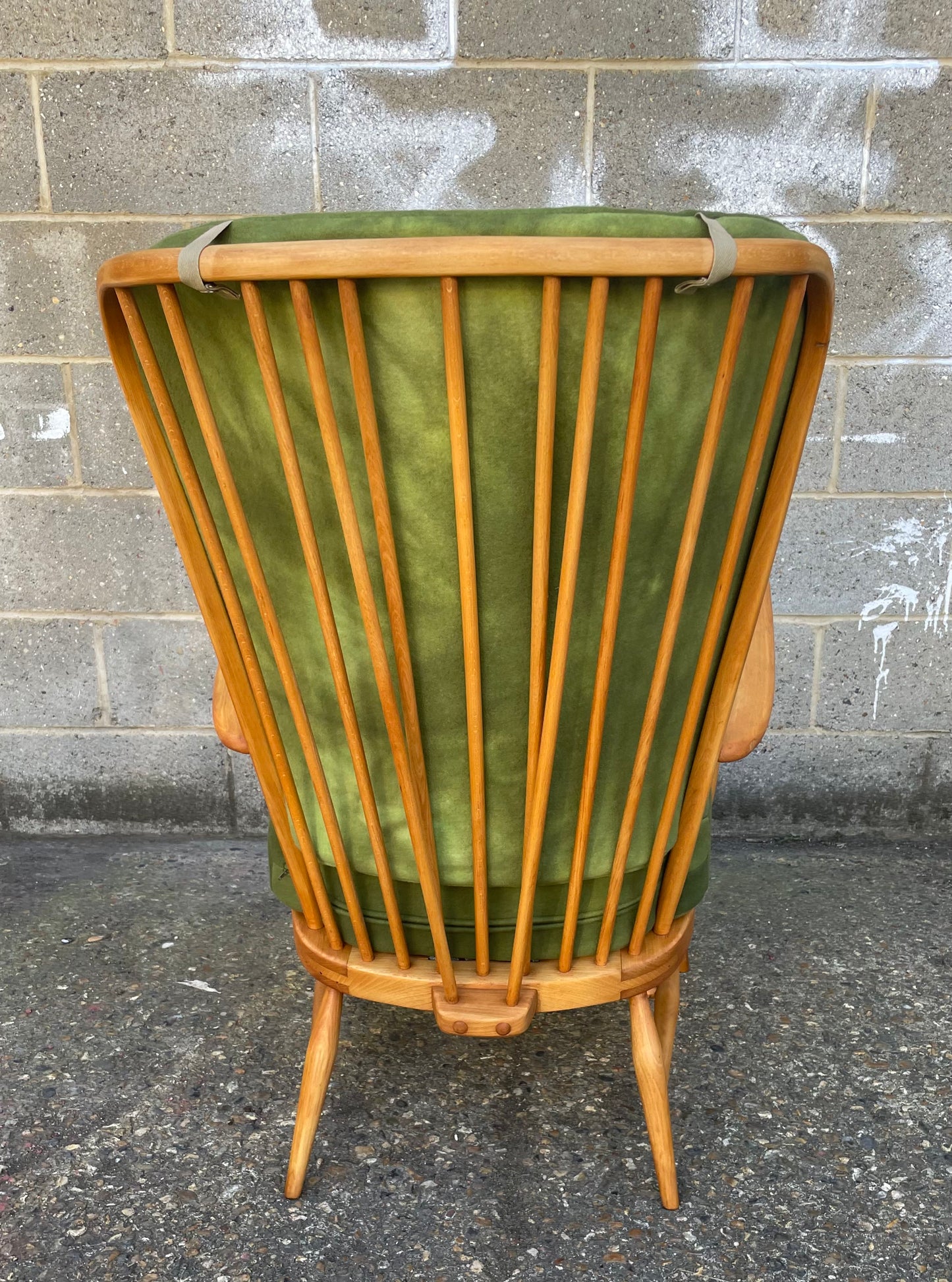 Ercol Armchair with beautiful spindles, fully restored with hand dyed cushion covers 
