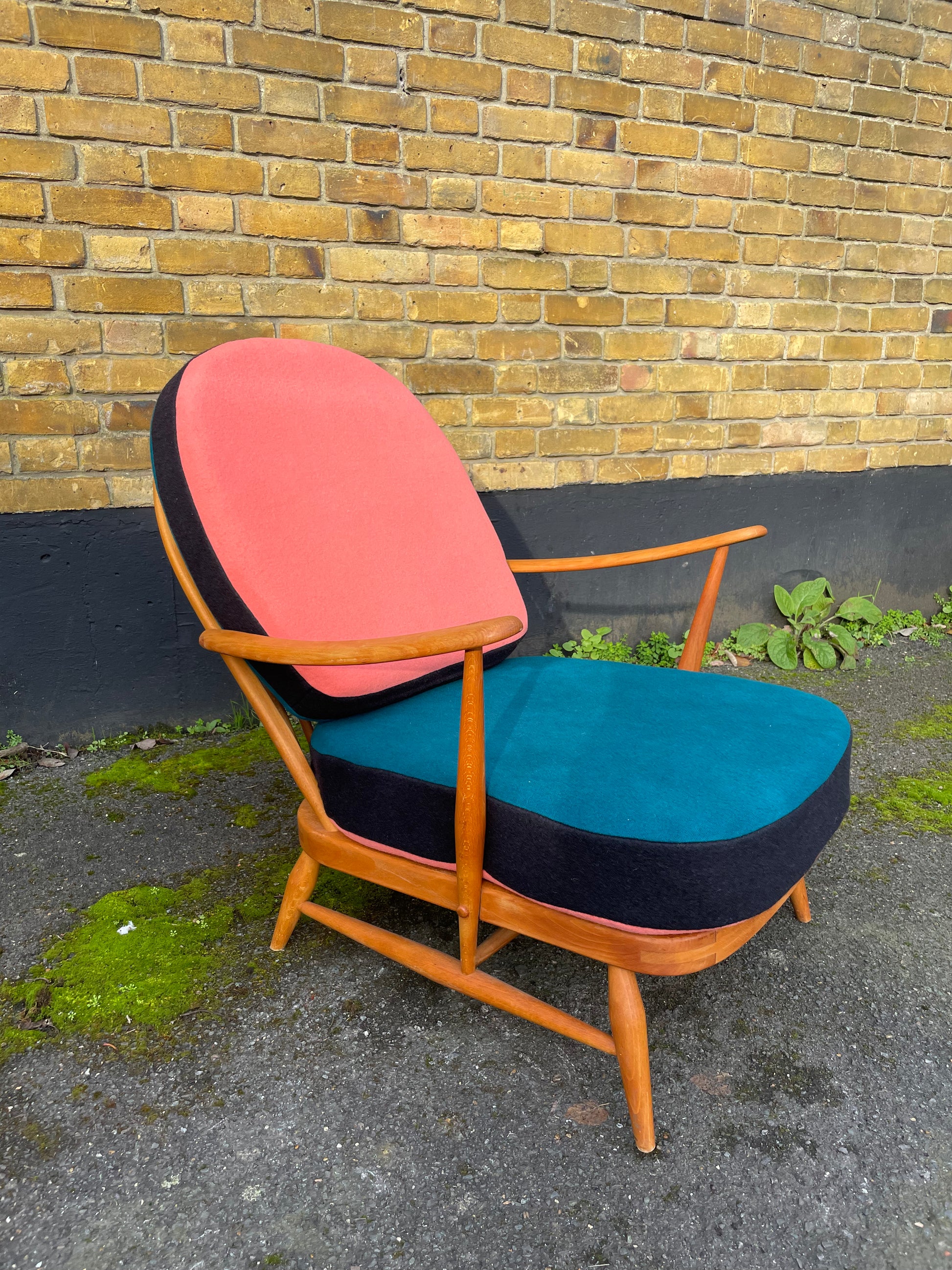 Trio colour fully restored Ercol 203 Armchair with hand dyed wool cushion covers 