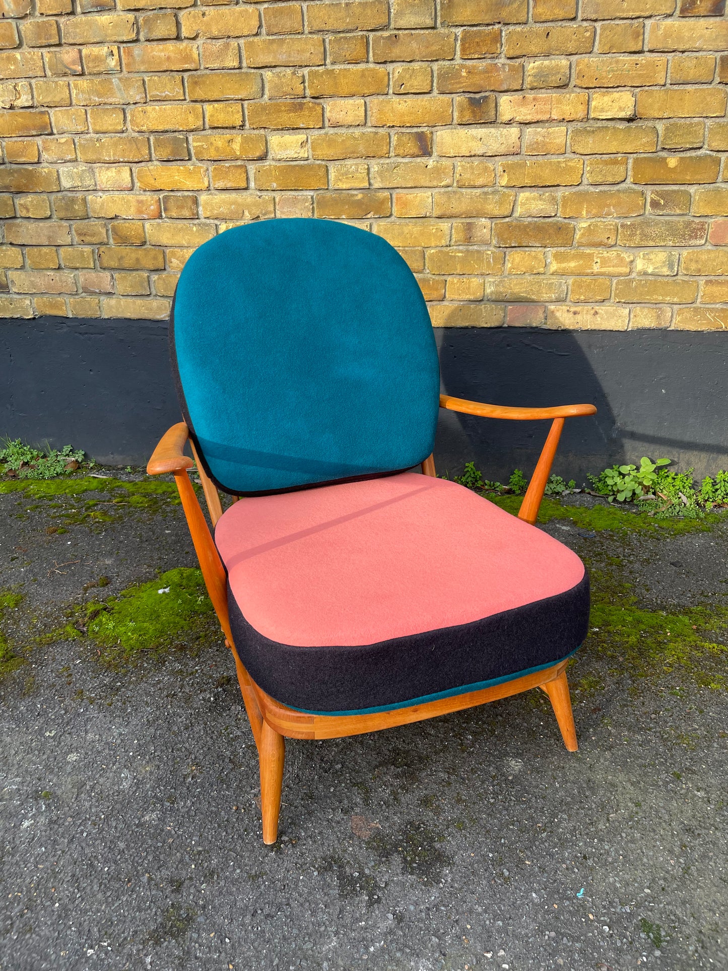 Trio colour fully restored Ercol 203 Armchair with hand dyed wool cushion covers 