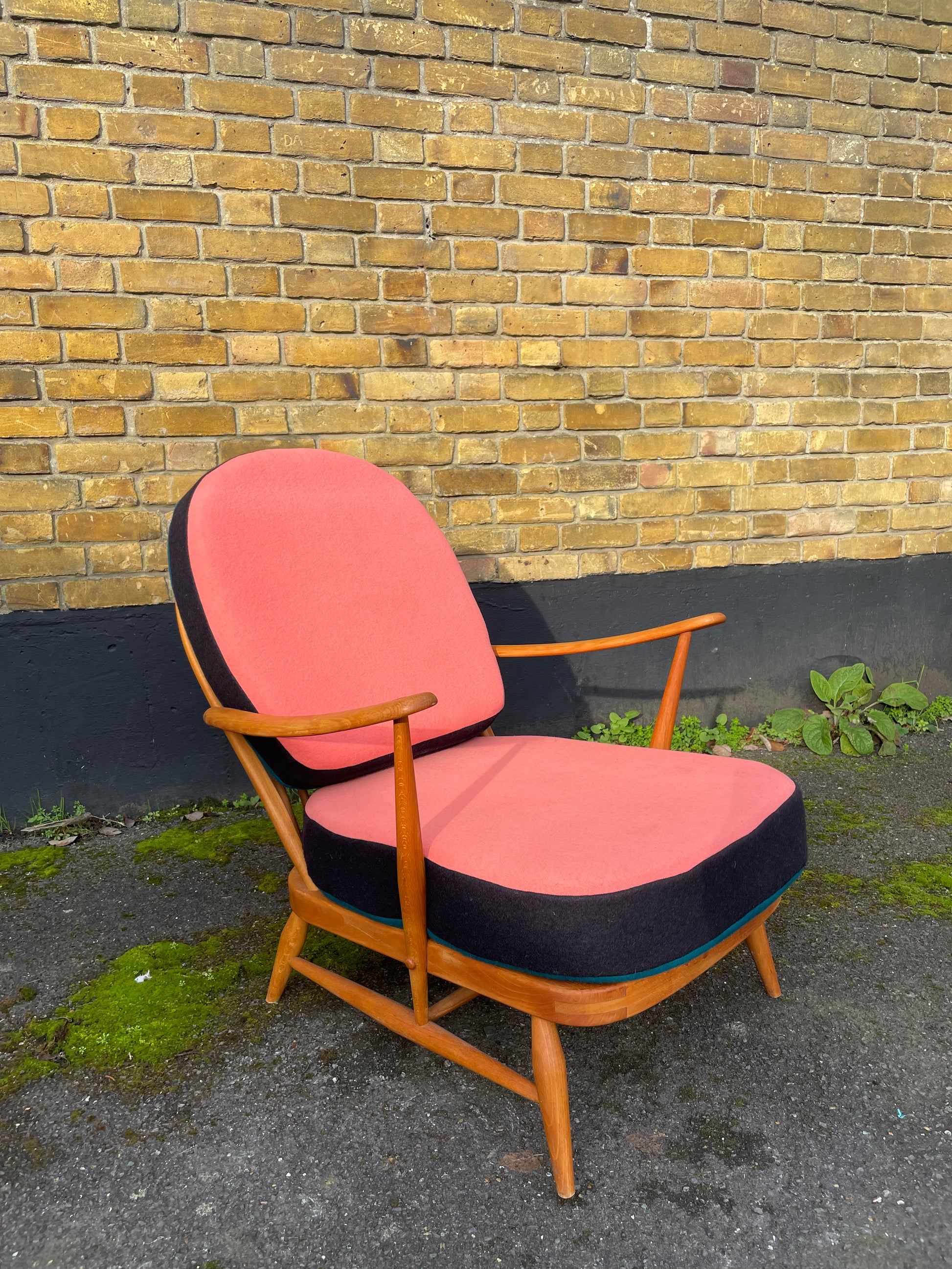 Trio colour fully restored Ercol 203 Armchair with hand dyed wool cushion covers 