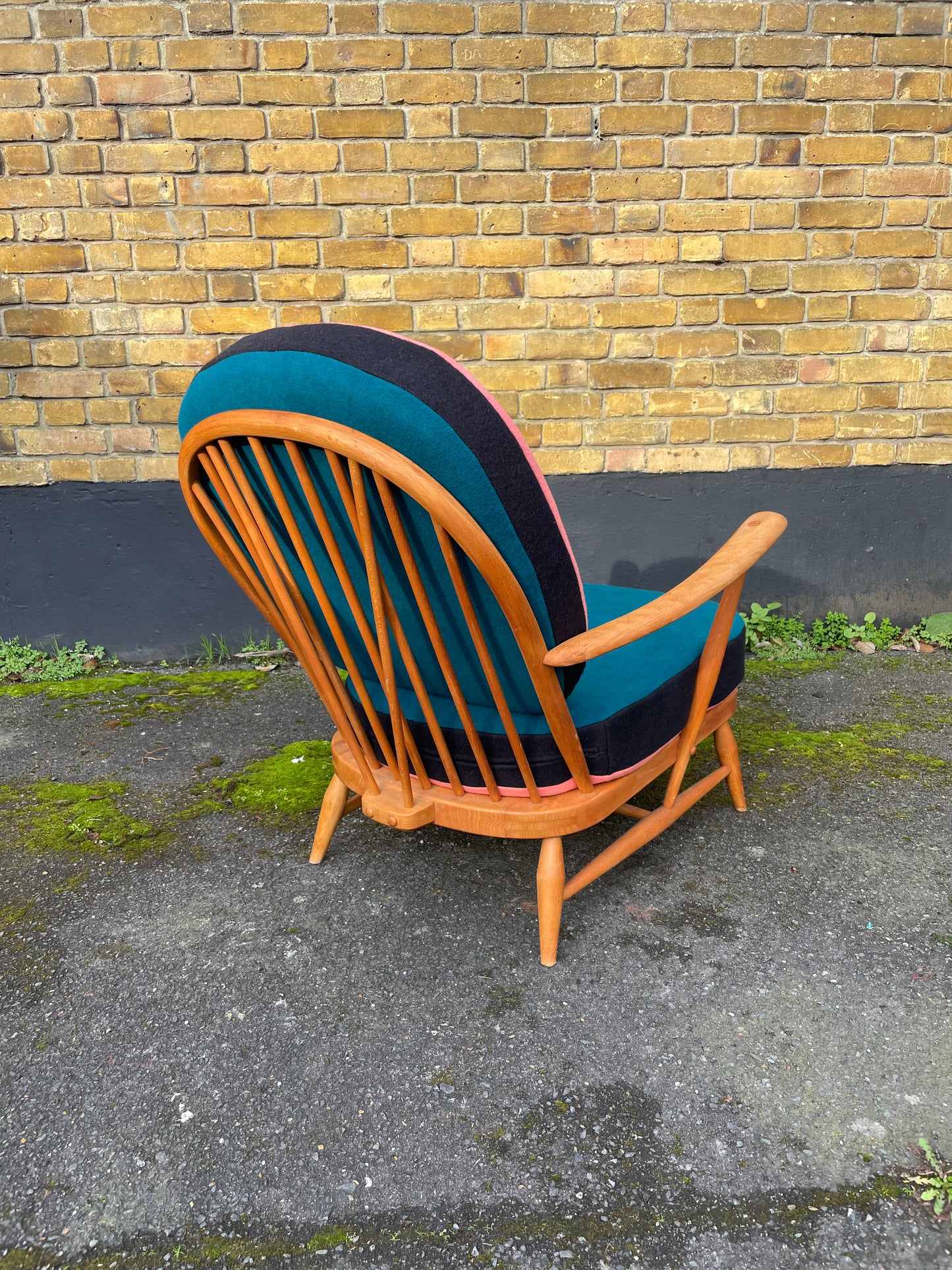 Trio colour fully restored Ercol 203 Armchair with hand dyed wool cushion covers 