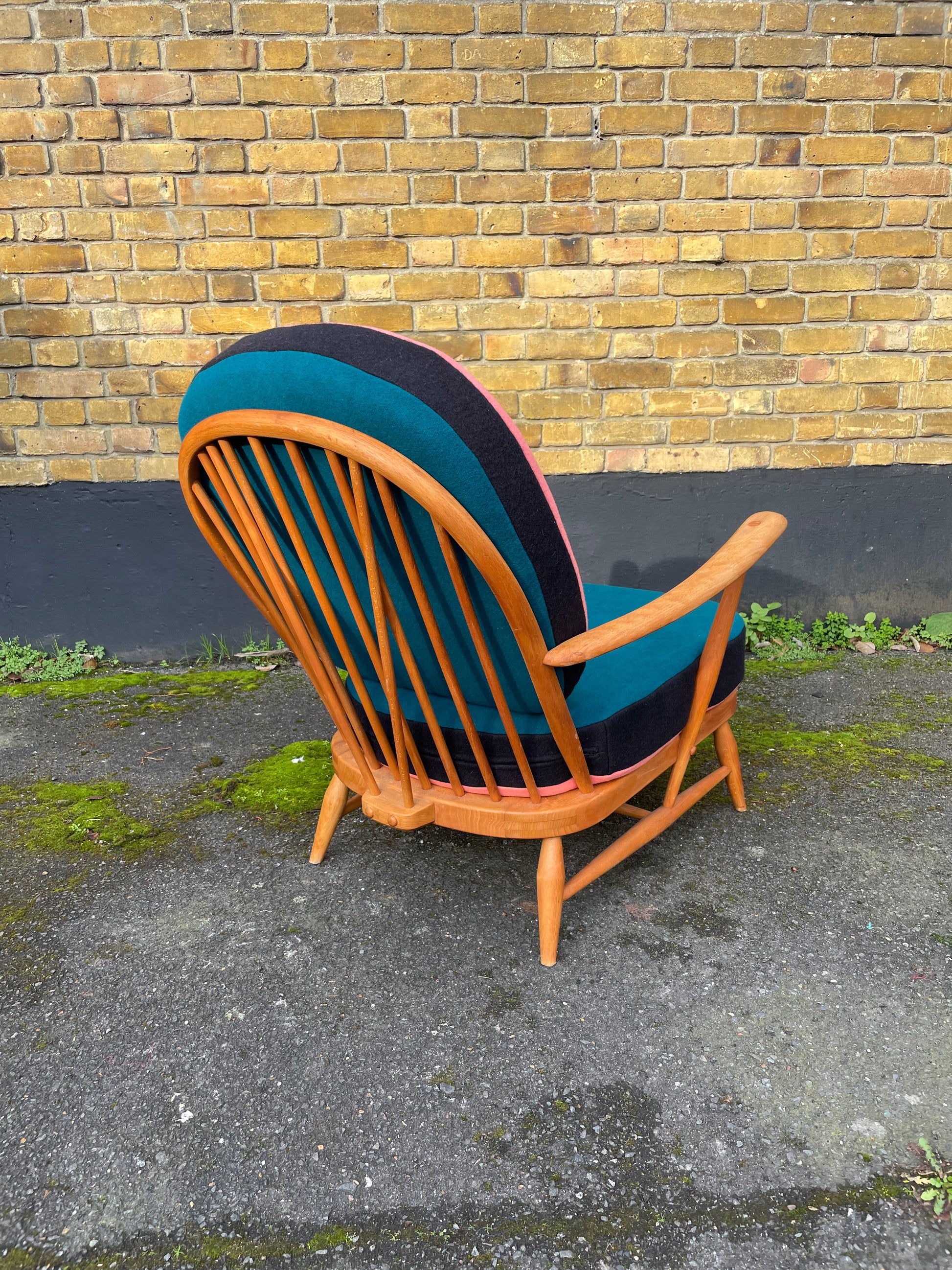 Trio colour fully restored Ercol 203 Armchair with hand dyed wool cushion covers 