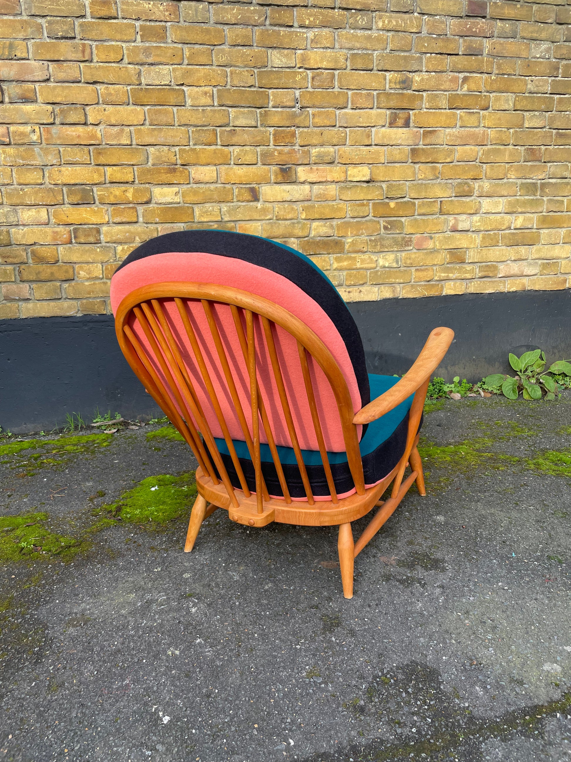 Trio colour fully restored Ercol 203 Armchair with hand dyed wool cushion covers 