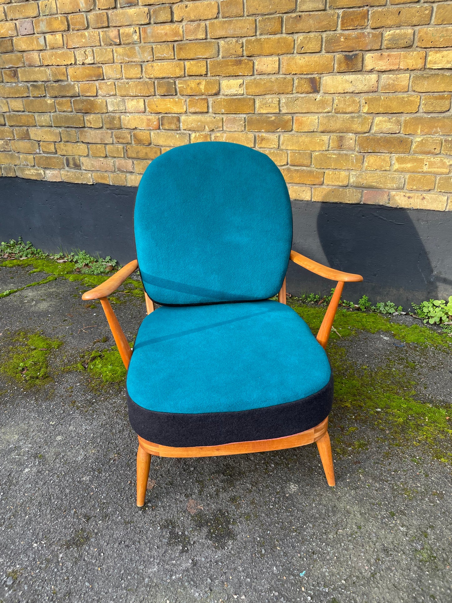 Trio colour fully restored Ercol 203 Armchair with hand dyed wool cushion covers 
