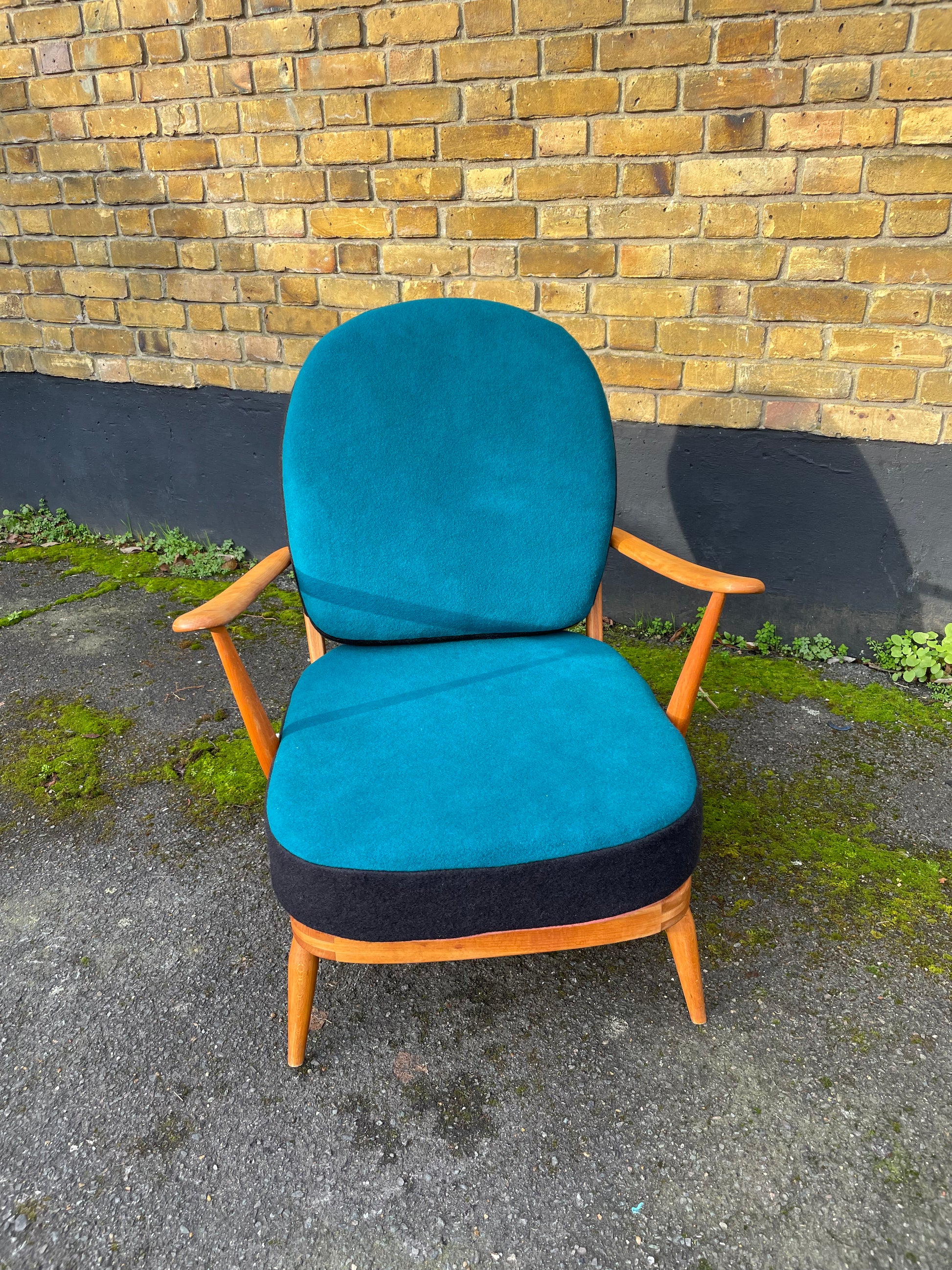 Trio colour fully restored Ercol 203 Armchair with hand dyed wool cushion covers 