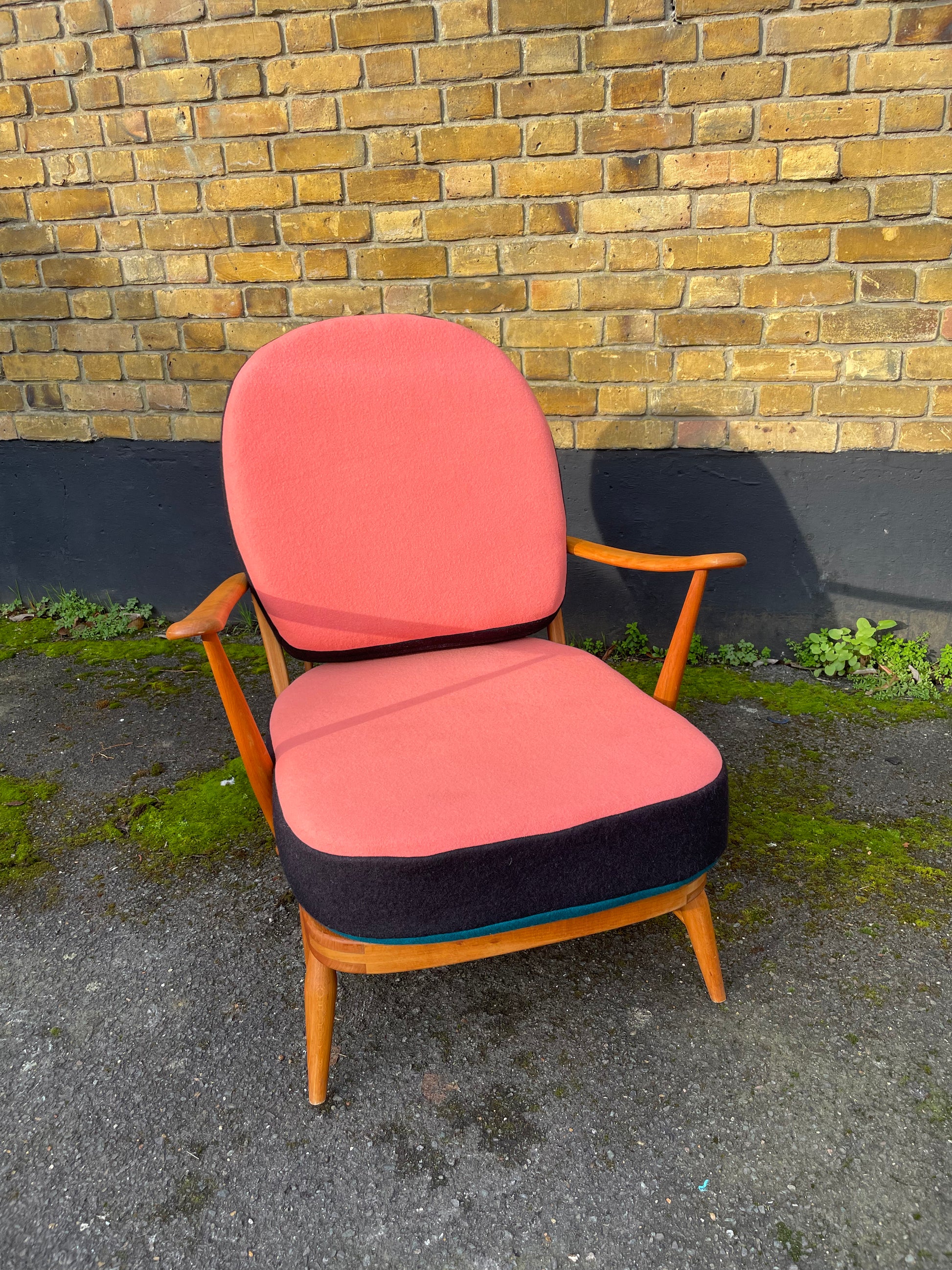 Trio colour fully restored Ercol 203 Armchair with hand dyed wool cushion covers 