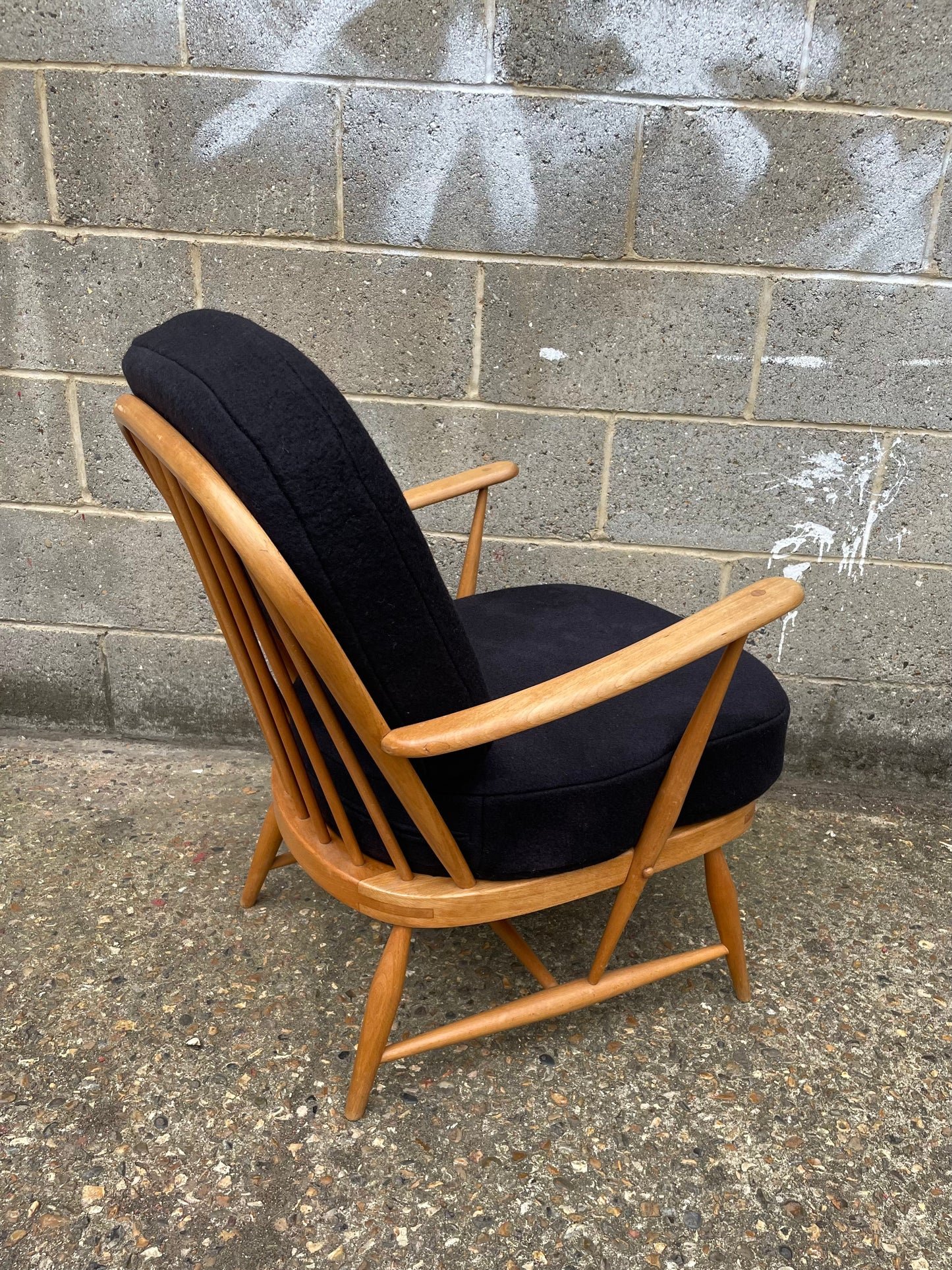 Ercol Windsor 334 Armchair with dark dark grey woollen cushions 