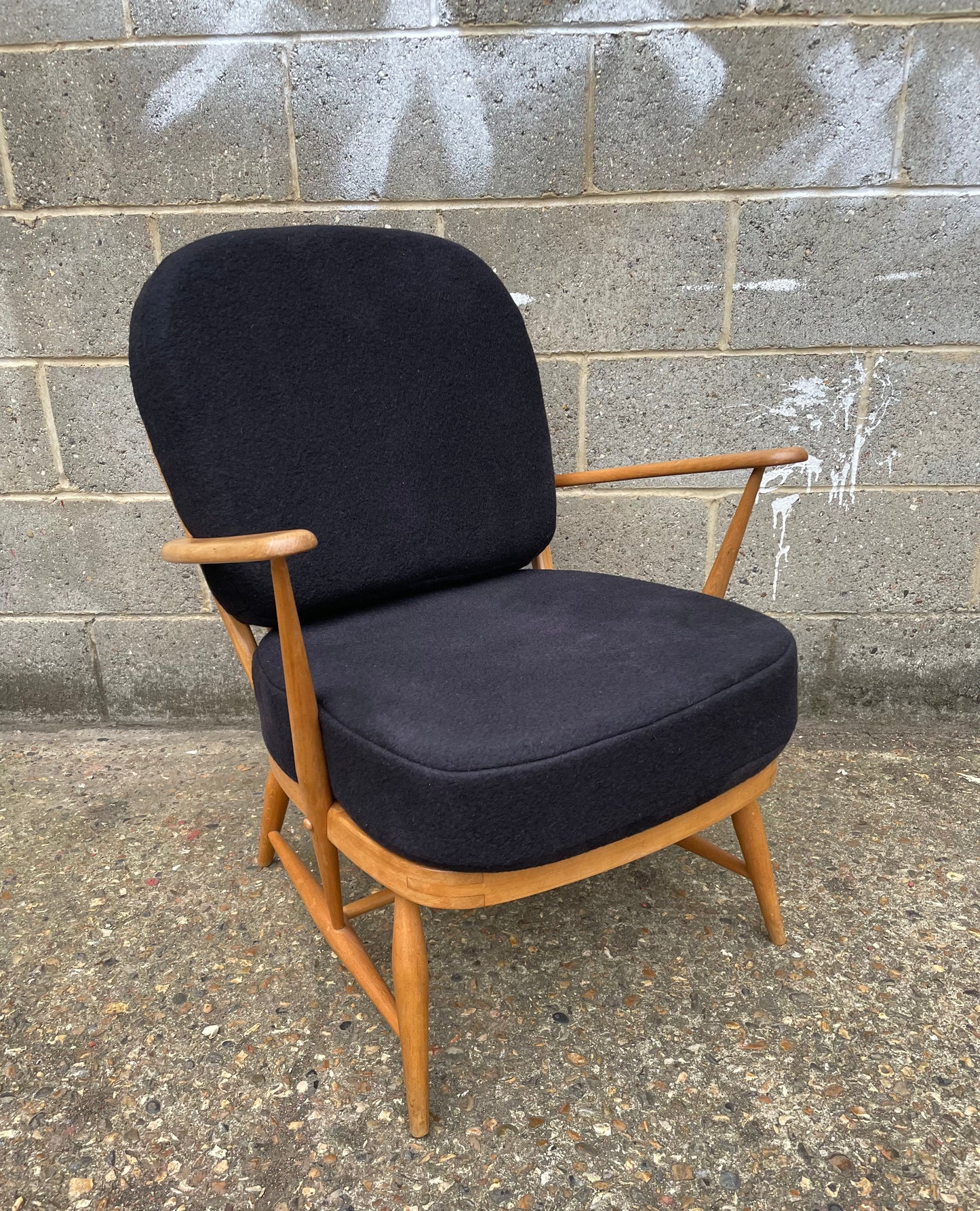 Ercol Window 334 Armchair with dark dark grey woollen cushion covers 