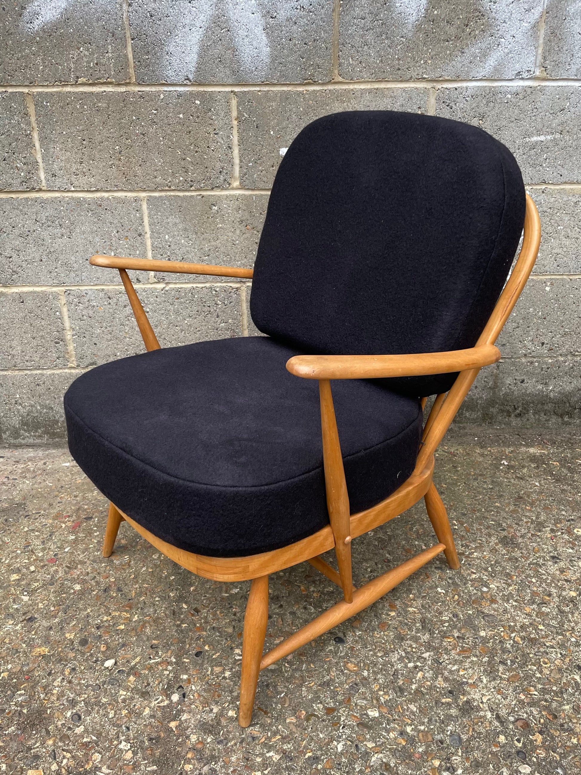 Ercol Windsor 334 Armchair with dark dark grey woollen cushion covers 