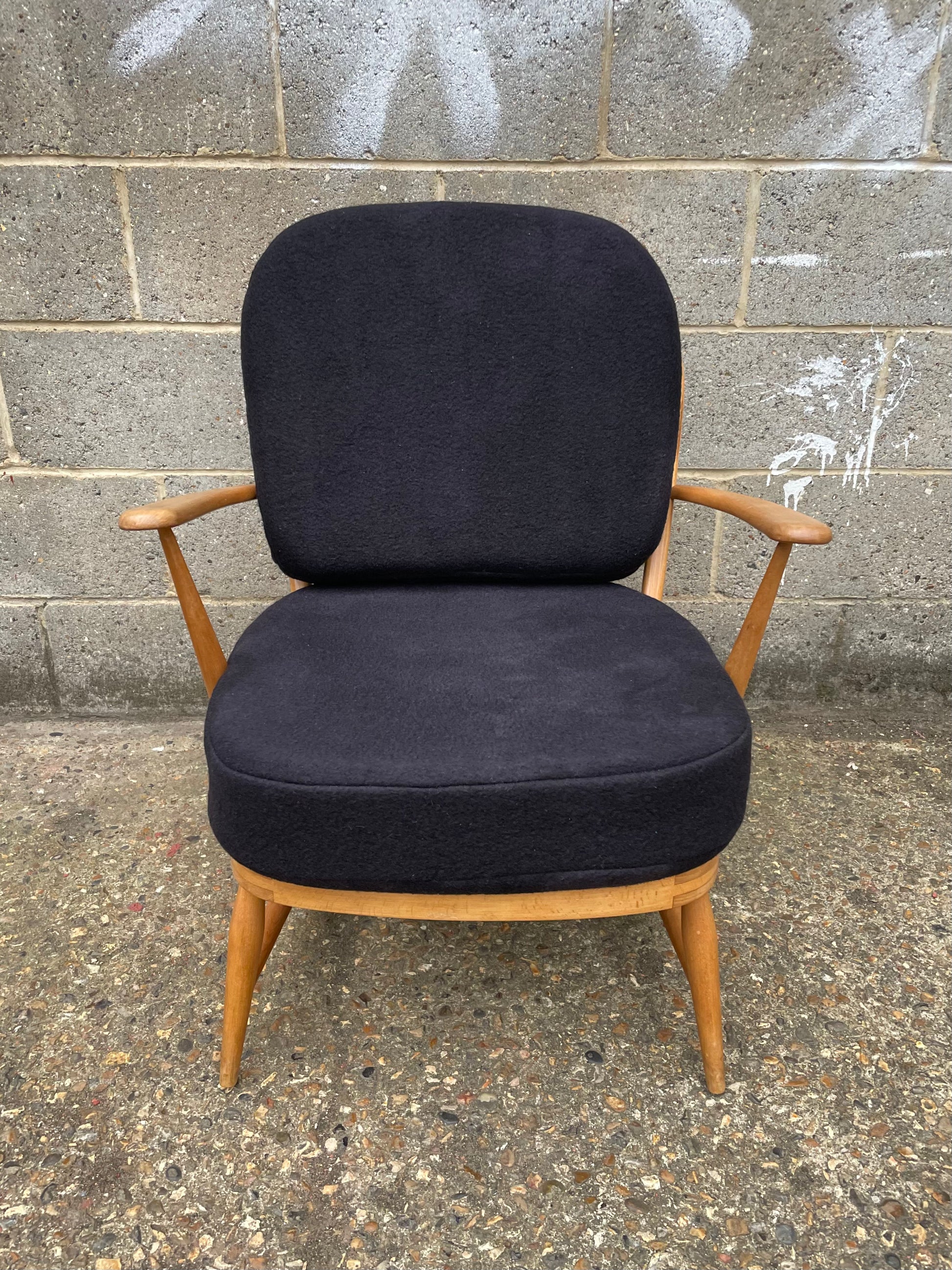 Ercol Windsor 334 armchair with dark grey cushion covers 