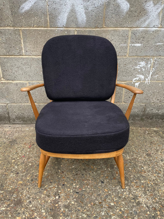 Ercol Windsor 334 armchair with dark grey cushion covers 