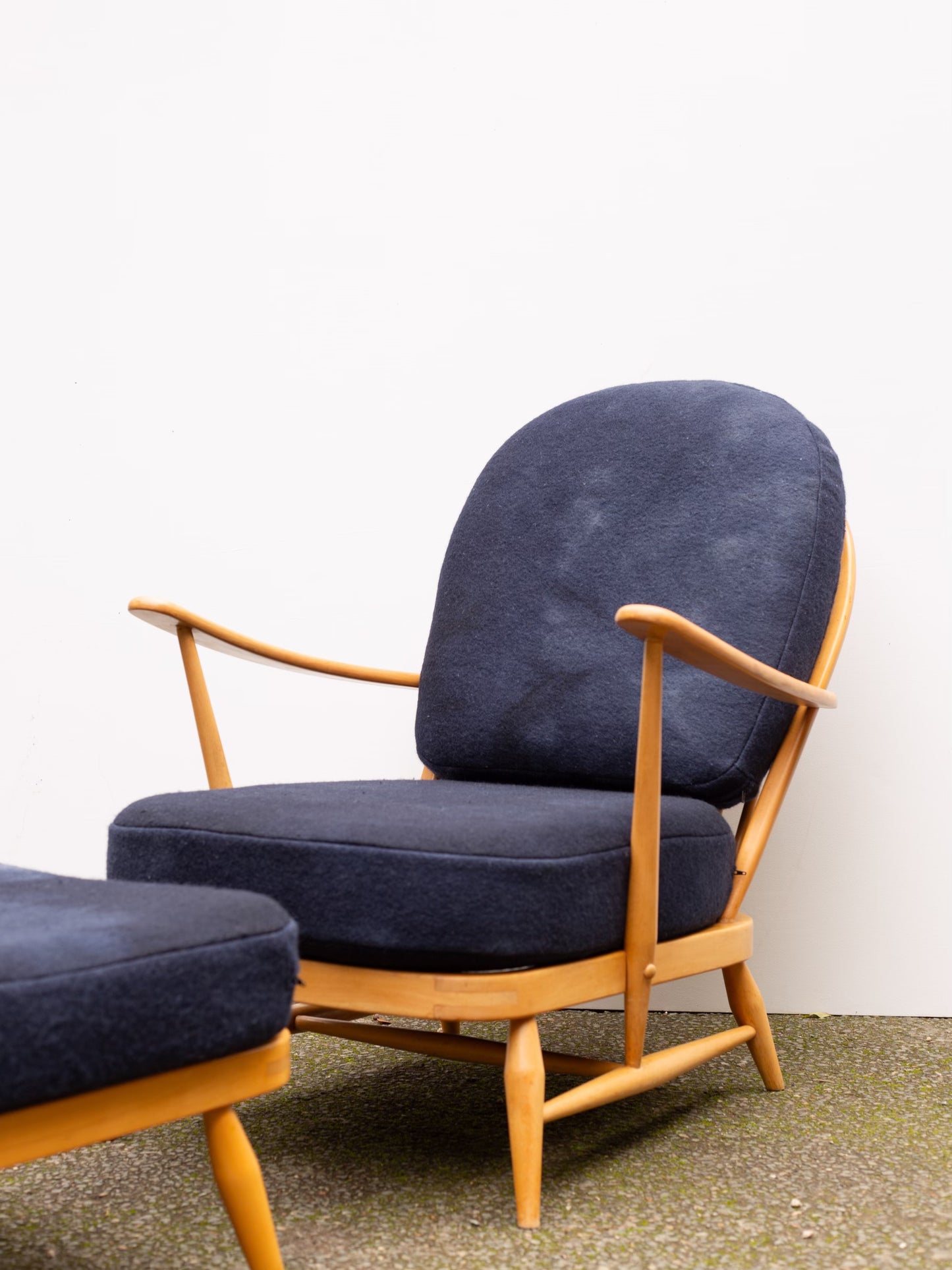 Ercol Windsor 203 Armchair - Set of Two Chairs & One Footstool - Dark Blue
