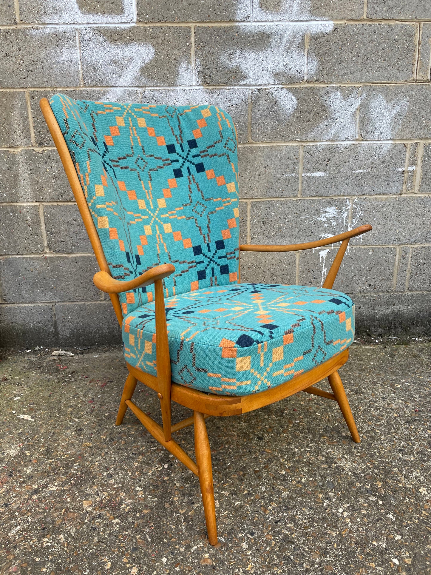 Melin Tregwynt - Vintage Star - Welsh Tapestry- Ercol 478 Evergreen Tall Back Chair.