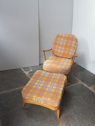 Ercol Windsor 203 Armchair & 341 Footstool - Fully Restored - Welsh Tapestry Wool Covers - Purple/Yellow