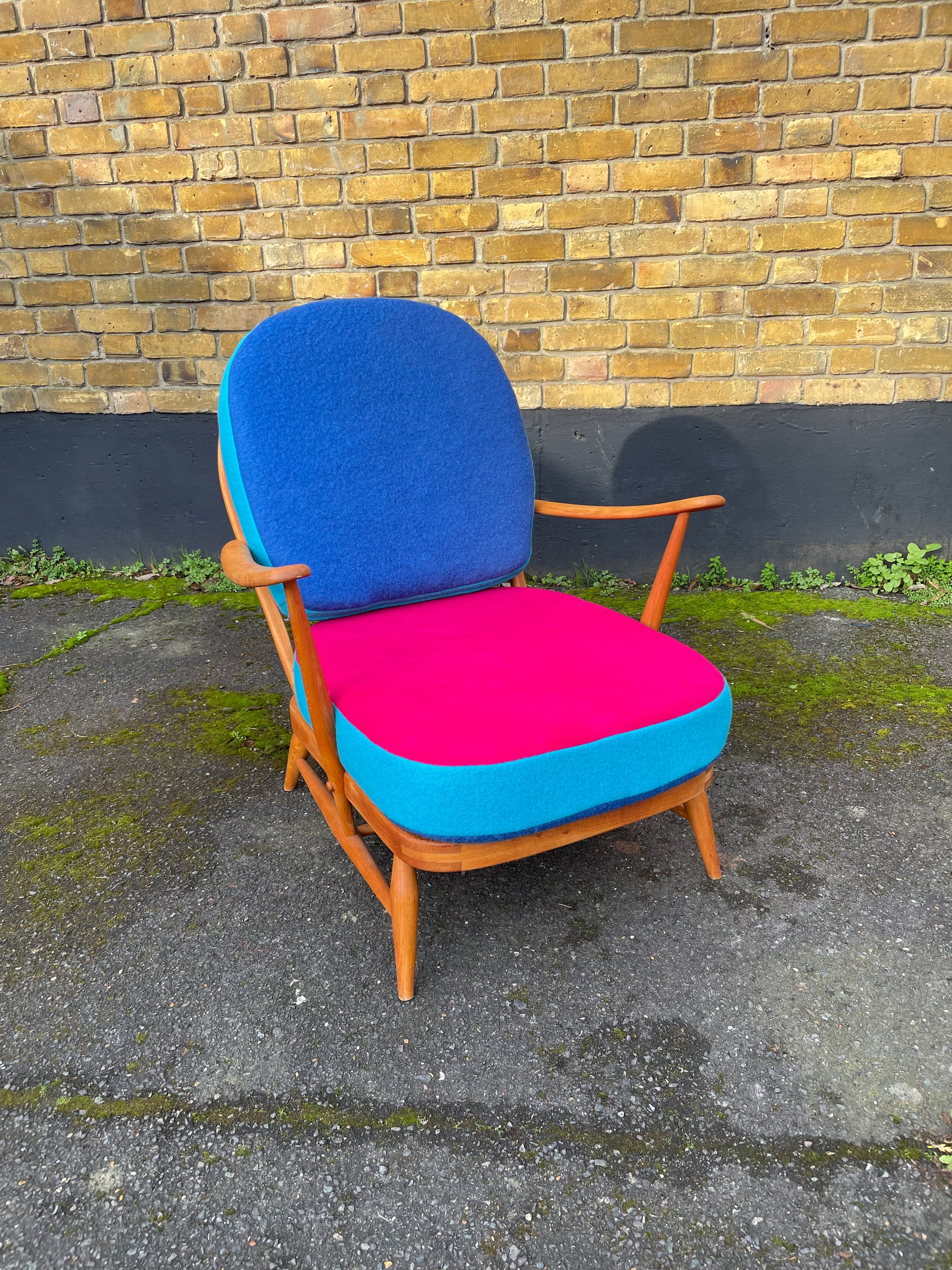 Trio colour fully restored Ercol 203 Armchair with hand dyed wool cushion covers 