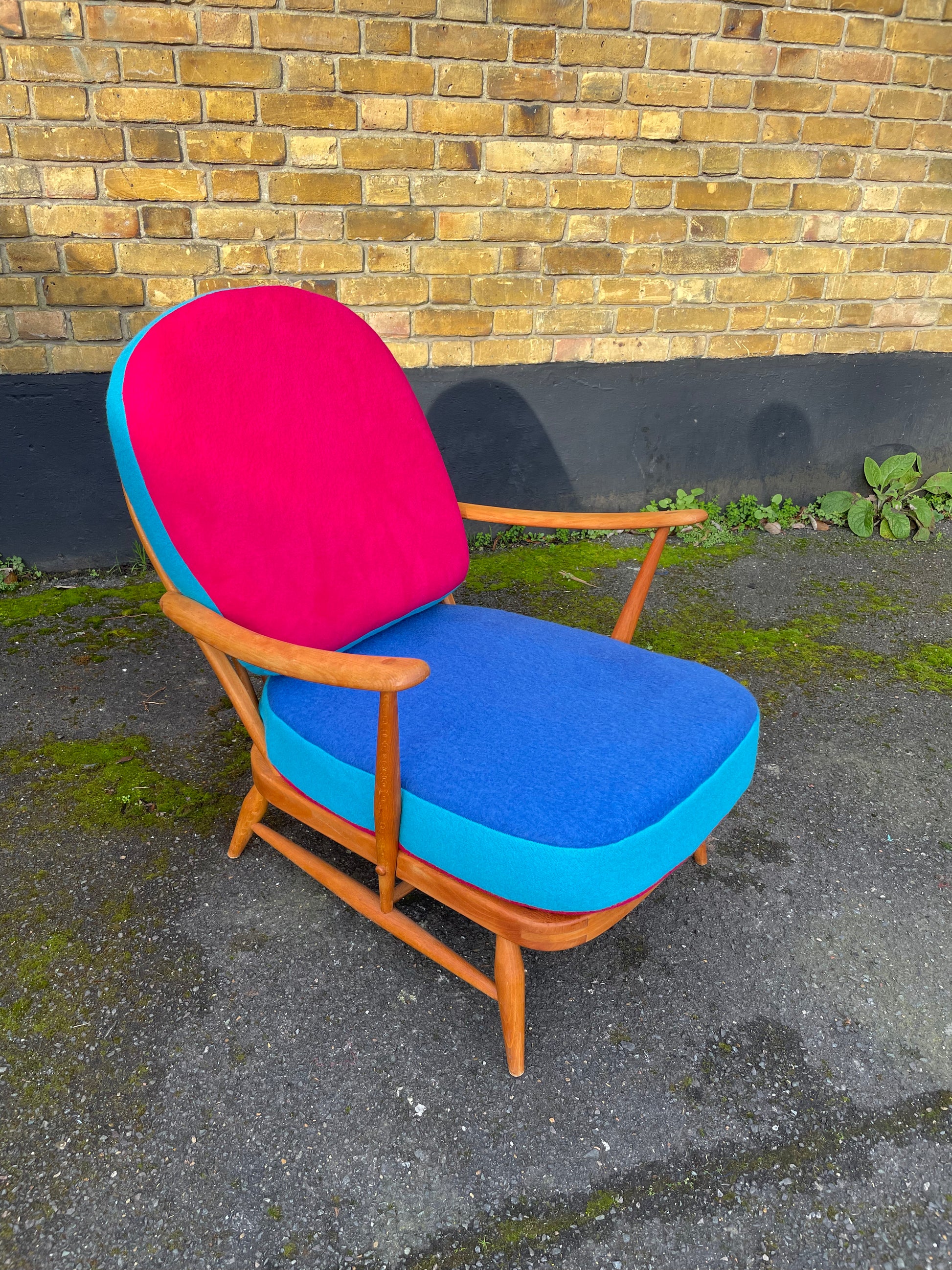 Trio colour fully restored Ercol 203 Armchair with hand dyed wool cushion covers 
