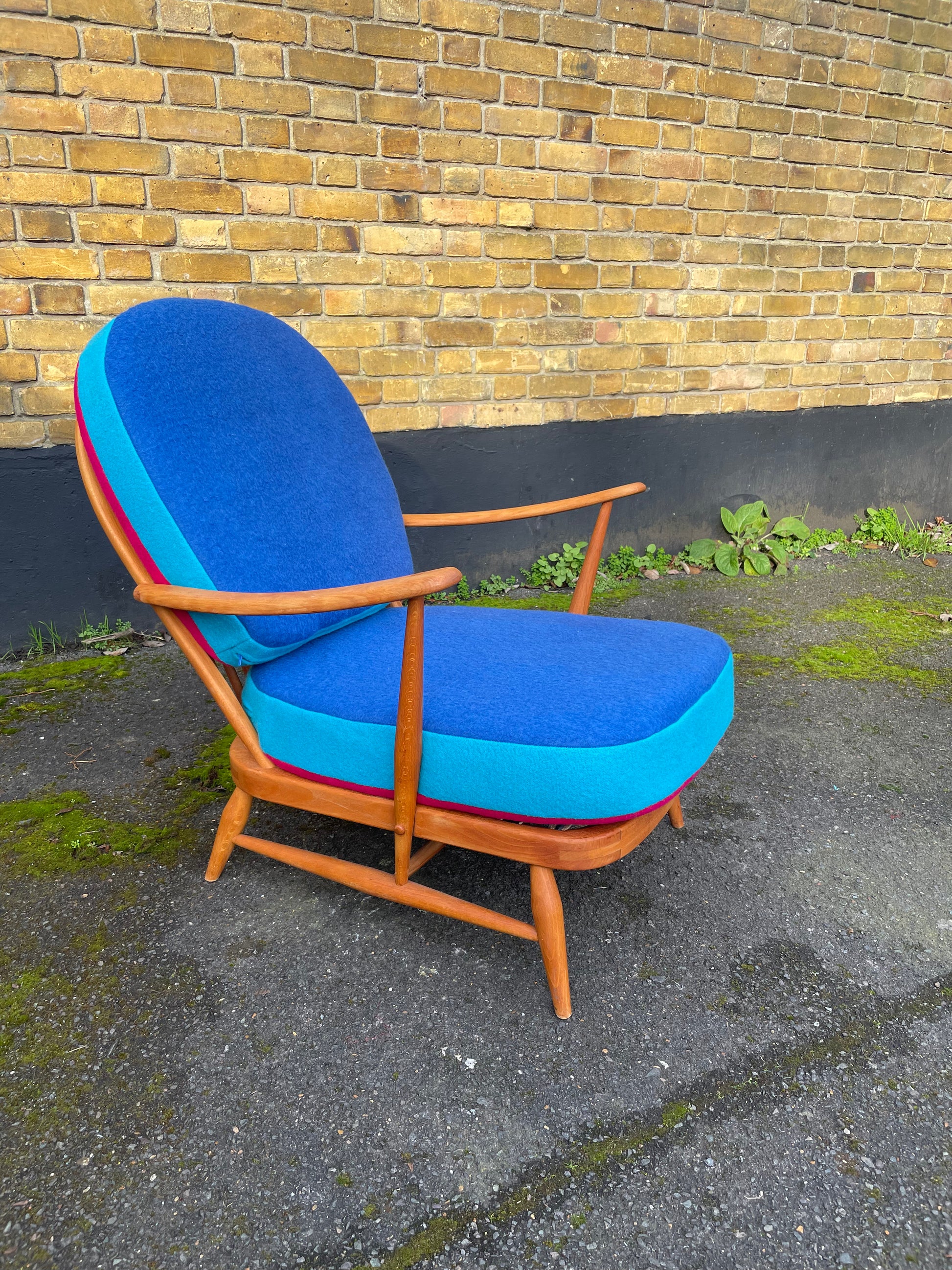 Trio colour fully restored Ercol 203 Armchair with hand dyed wool cushion covers 