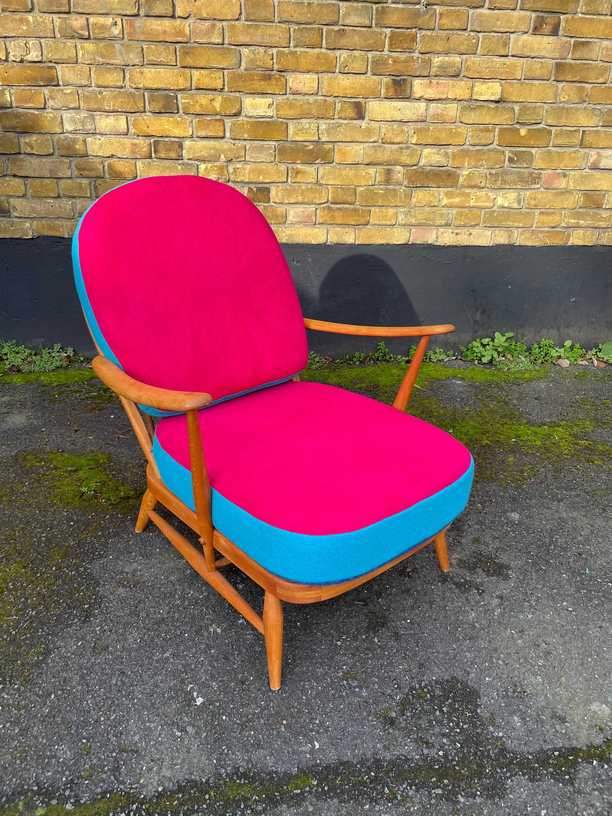 Trio colour fully restored Ercol 203 Armchair with hand dyed wool cushion covers 