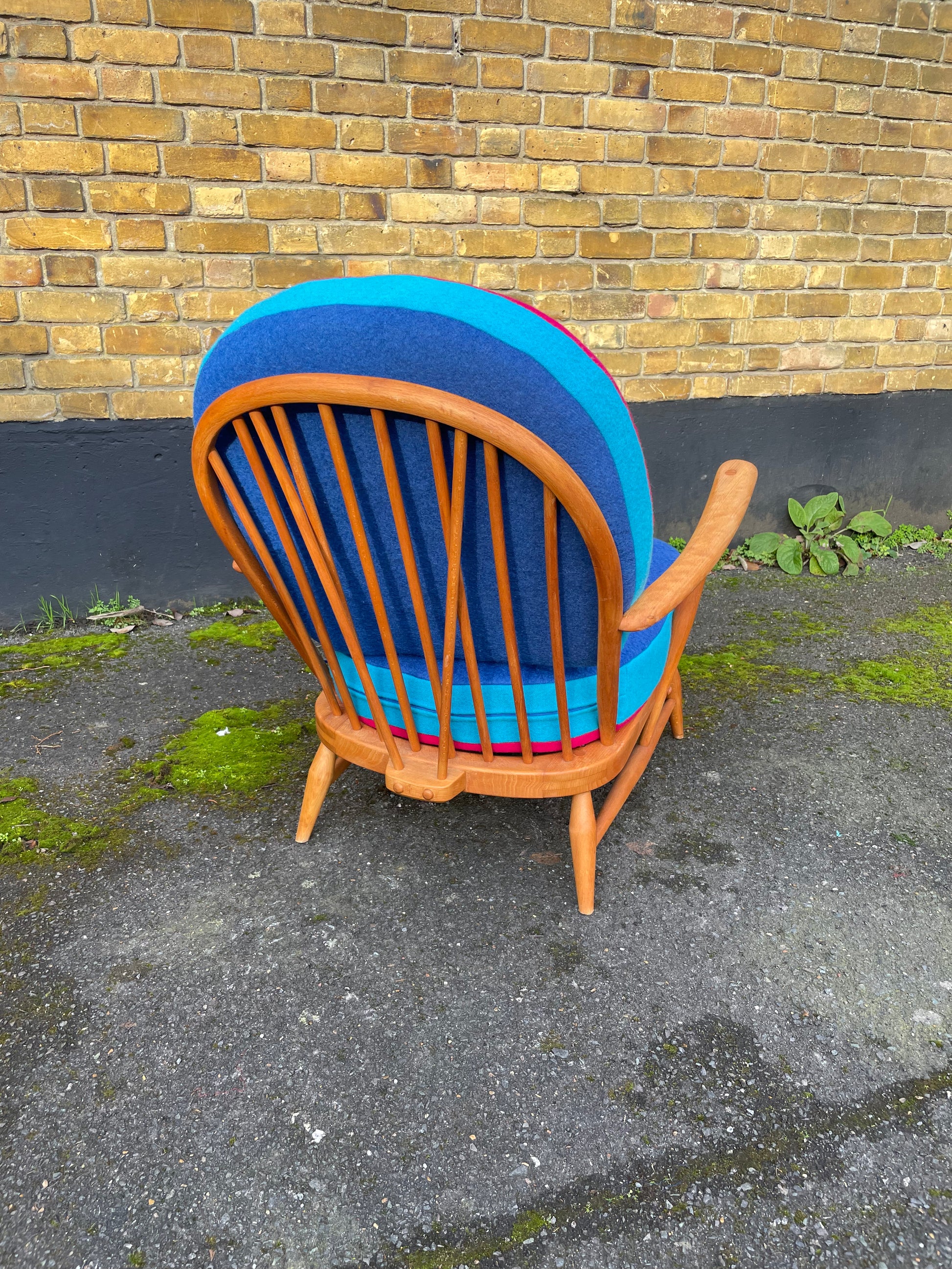 Trio colour fully restored Ercol 203 Armchair with hand dyed wool cushion covers 