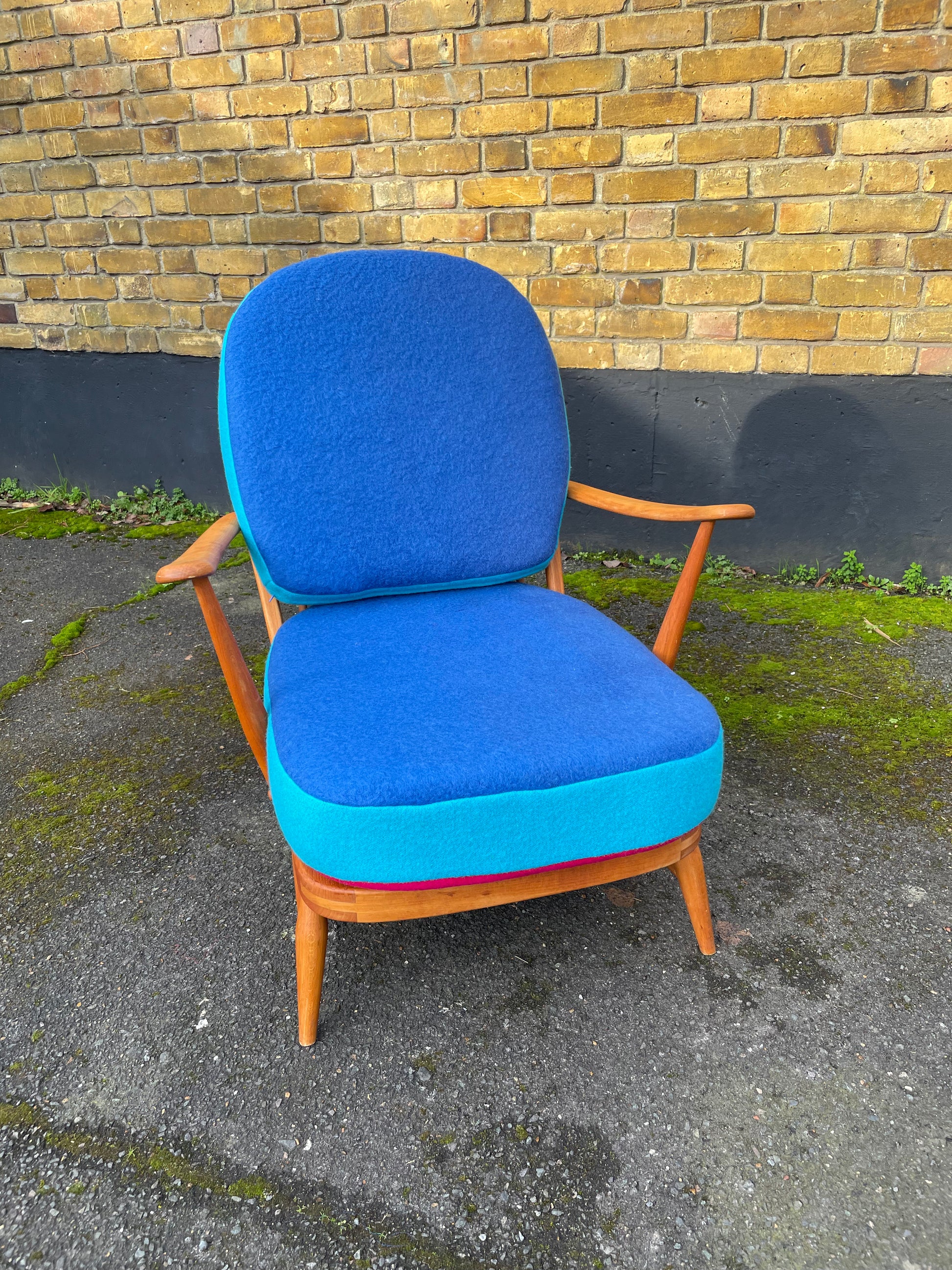 Trio colour fully restored Ercol 203 Armchair with hand dyed wool cushion covers 