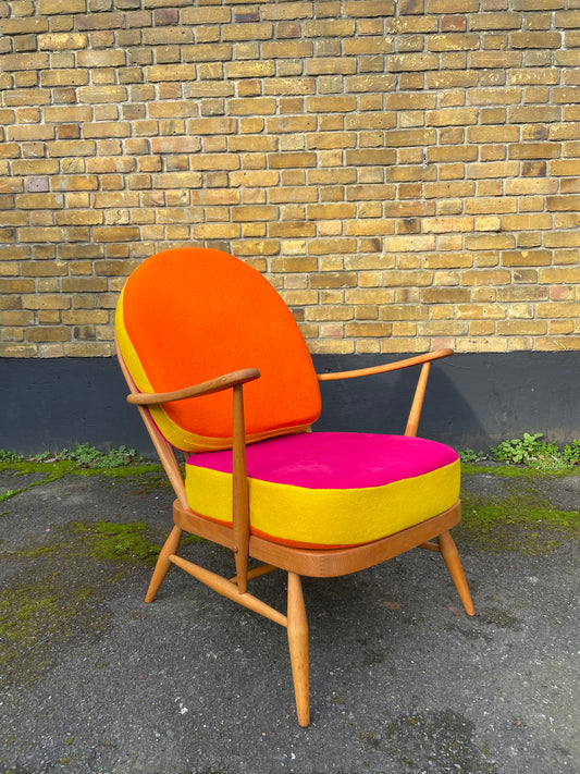 Trio Colour Block - Ercol Windsor 204 Armchair - Fully Restored - Pink Yellow Orange