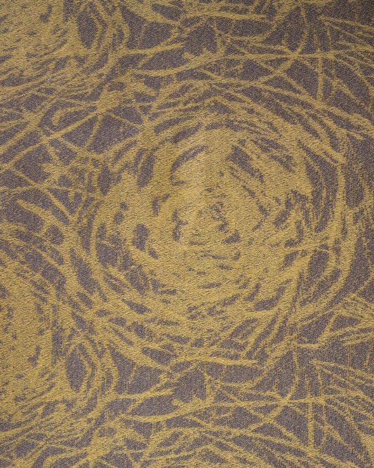 Textured fabric with a pattern of interwoven lines in brown and gold.