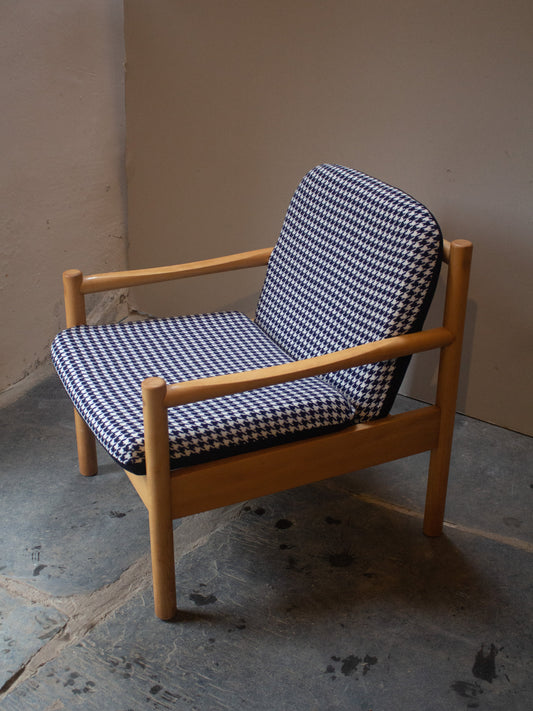 Ercol Modular 749 Lounge Chair - Fully Restored - Blue/White Houndstooth