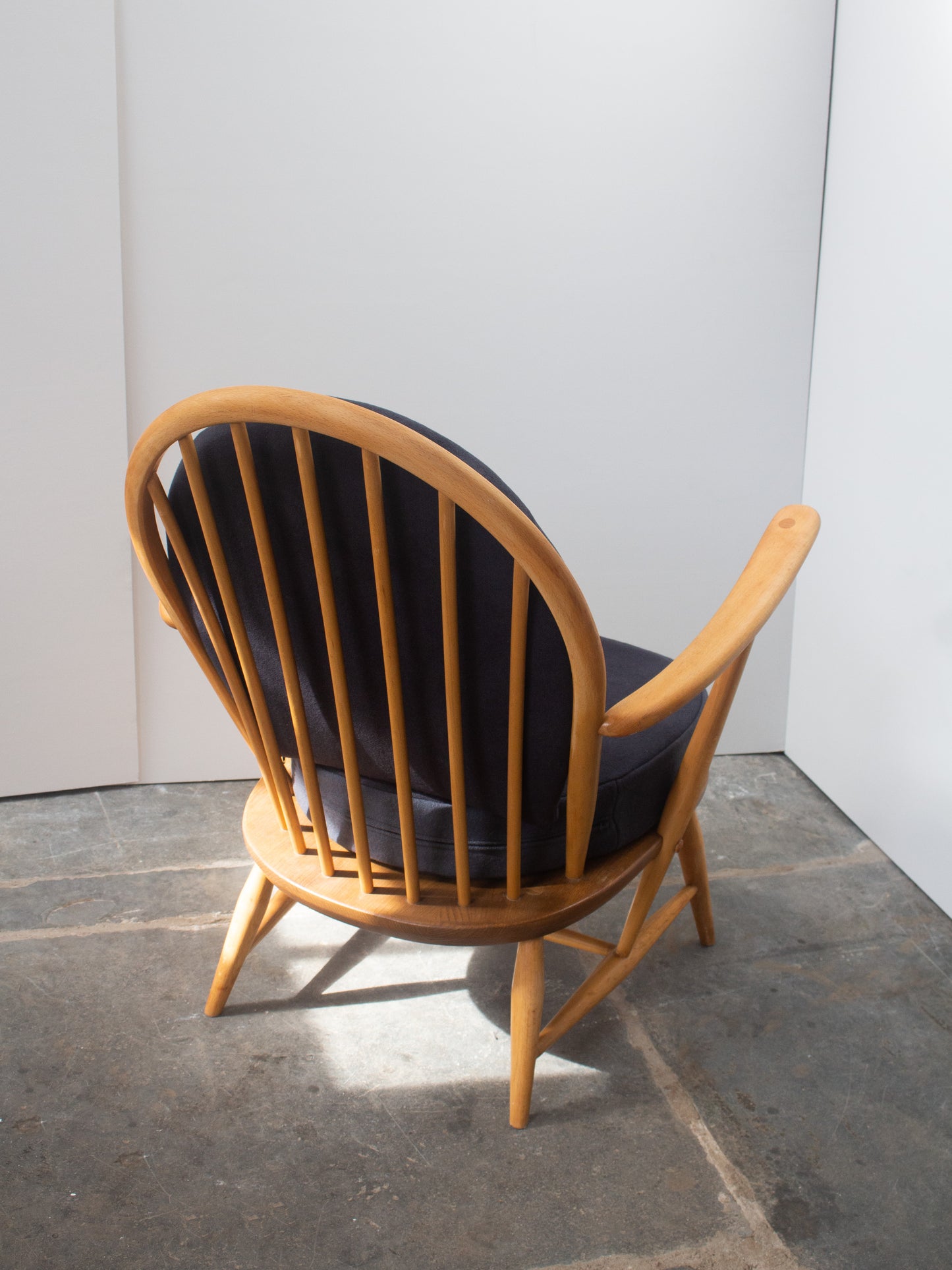 Ercol Windsor Blonde 305 Tub Chair & Footstool - Dark Grey Merino Wool Covers