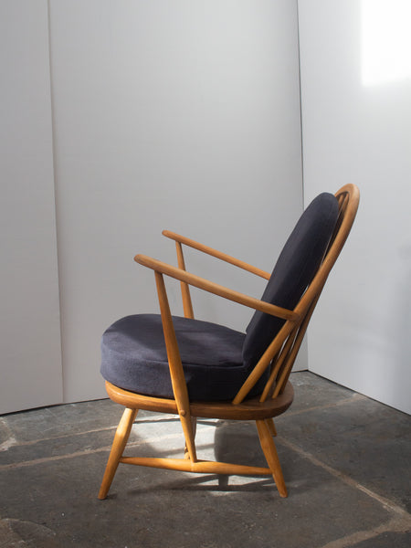 Ercol Windsor Blonde 305 Tub Chair & Footstool - Dark Grey Merino Wool Covers