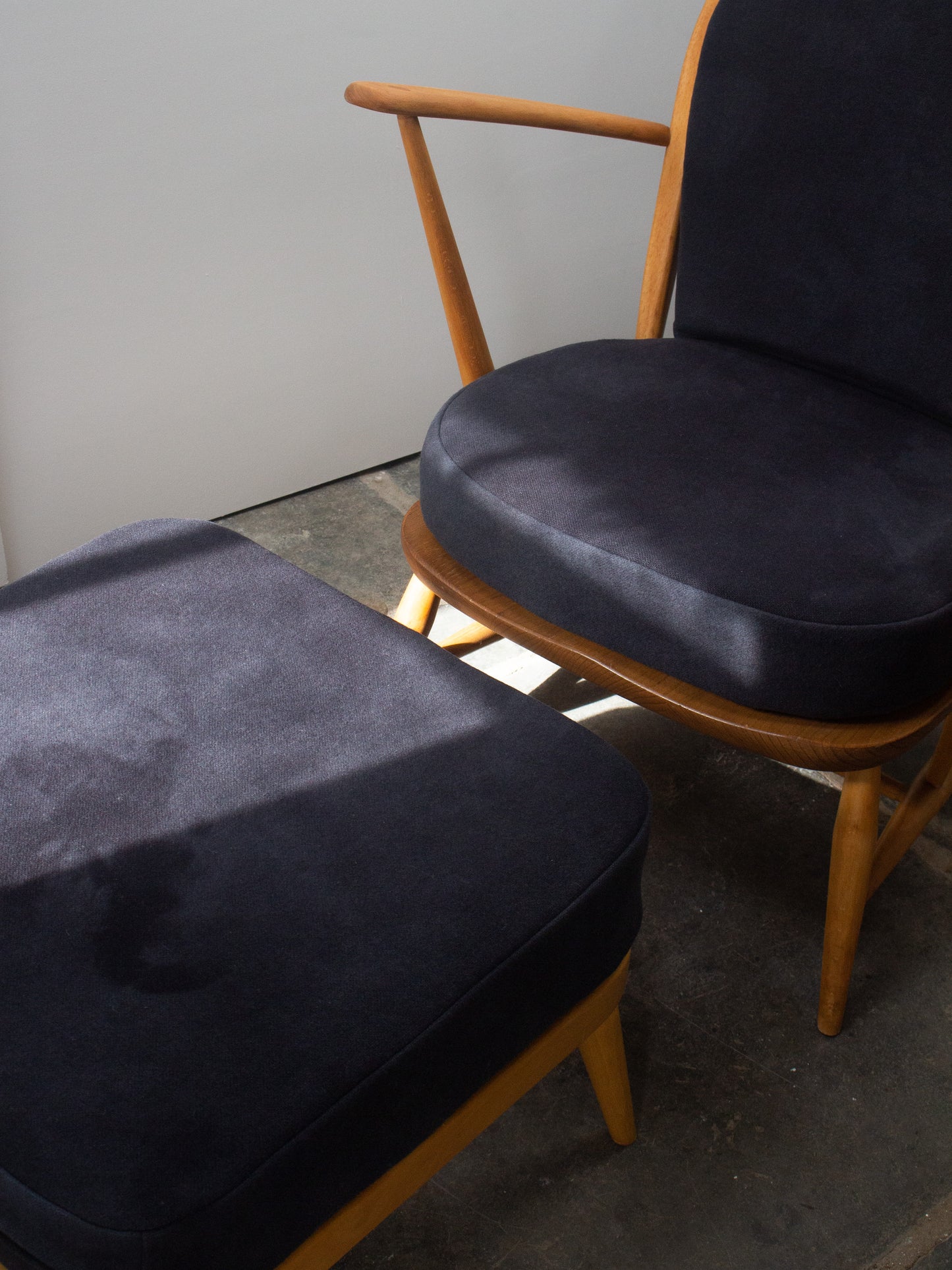 Ercol Windsor Blonde 305 Tub Chair & Footstool - Dark Grey Merino Wool Covers