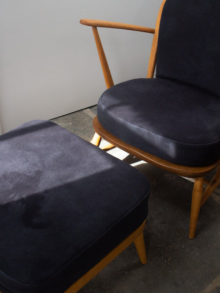 Ercol Windsor Blonde 305 Tub Chair & Footstool - Dark Grey Merino Wool Covers