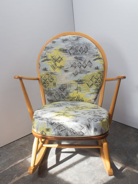 Ercol Windsor Blonde 405 Rocking Chair - 1950's Barkcloth & Wool Covers