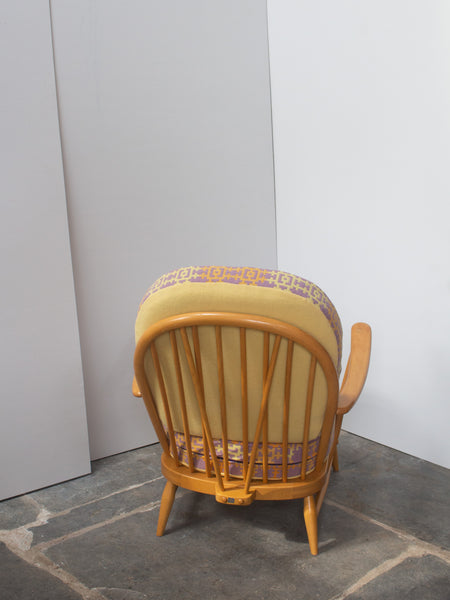 Ercol Windsor 203 Armchair & 341 Footstool - Fully Restored - Welsh Tapestry Wool Covers - Purple/Yellow