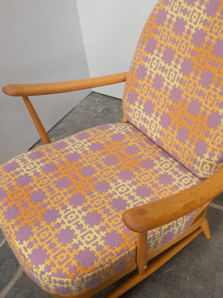 Ercol Windsor 203 Armchair & 341 Footstool - Fully Restored - Welsh Tapestry Wool Covers - Purple/Yellow