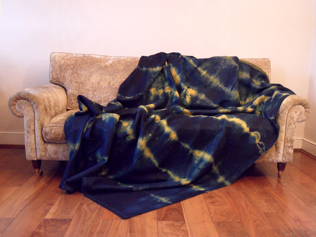 large adire dyed indigo and yellow blanket