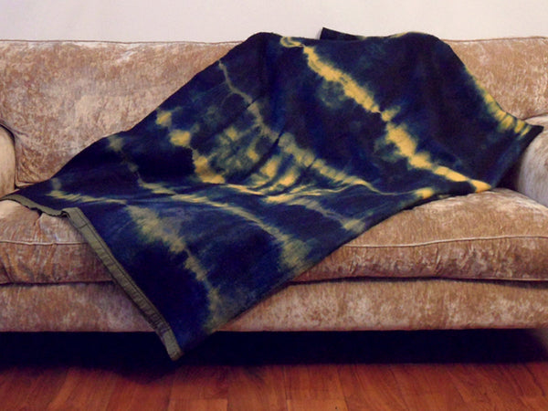 large adire dyed indigo and yellow blanket